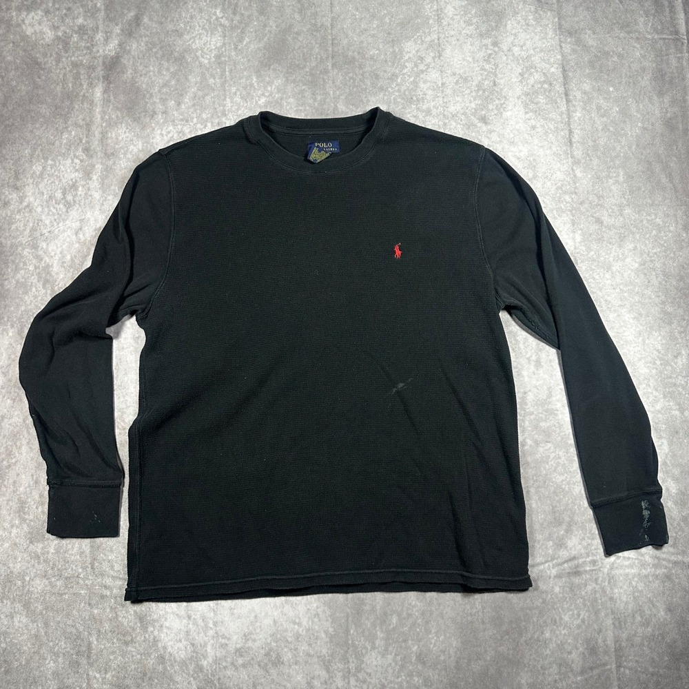 Polo Ralph Lauren Mens 2XL Waffle Knit Thermal Long Sleeve Shirt Black Red Pony